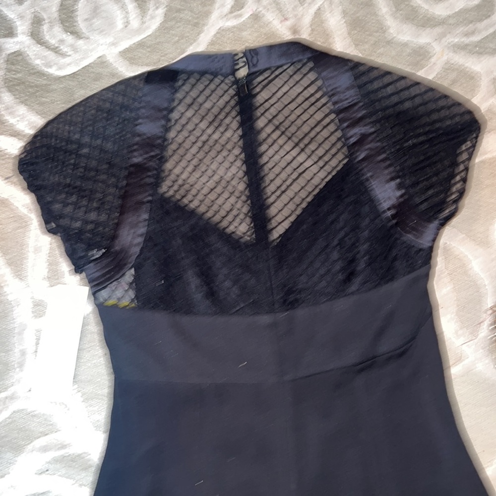 NWTš·BADGLEY MISCHKAš·Black net illusion trim silk sweetheart neck SS flare LBD - Picture 4 of 6